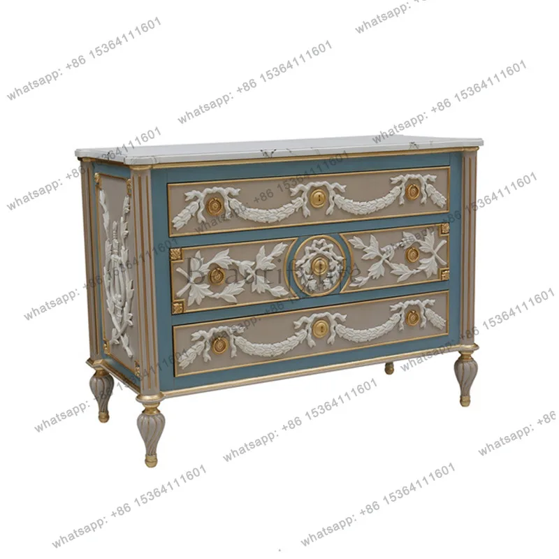 

European living room storage decorative cabinet mahogany carving sticker gold entrance cabinet