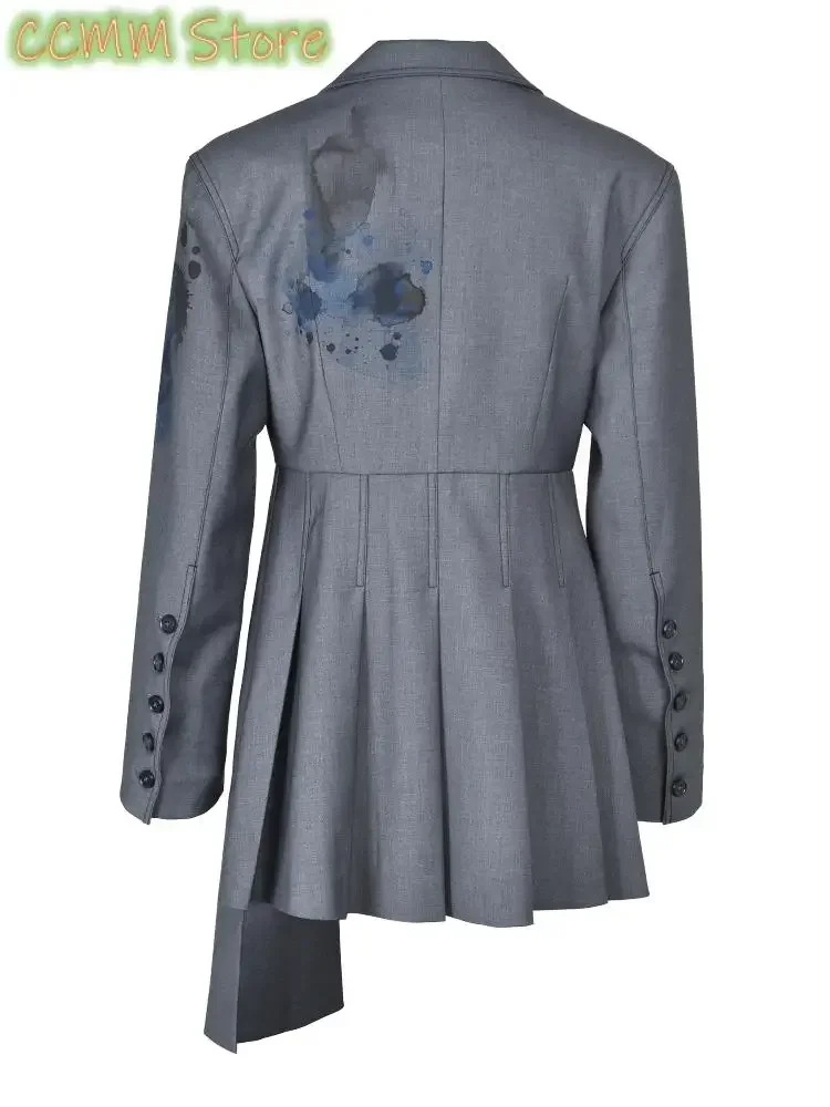Women Gray Printed Irregular Pleated Blazer New Lapel Long Sleeve Loose Fit Jacket Fashion Tide Spring Autumn