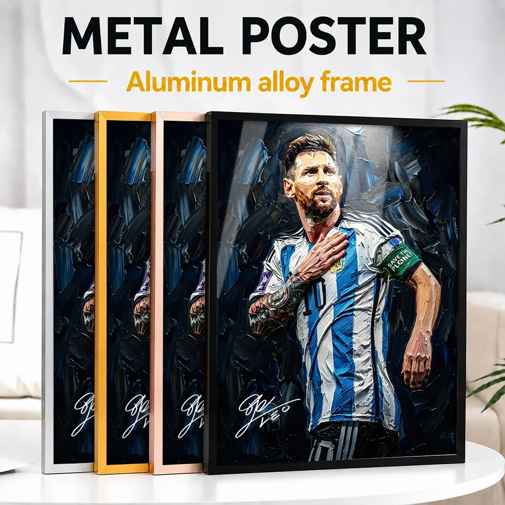 Lionel Messi Oil Framed Aluminum Metal Poster Customized Photo Dynamic Action Style Wall Art For Game Room Unique Athlete Gift
