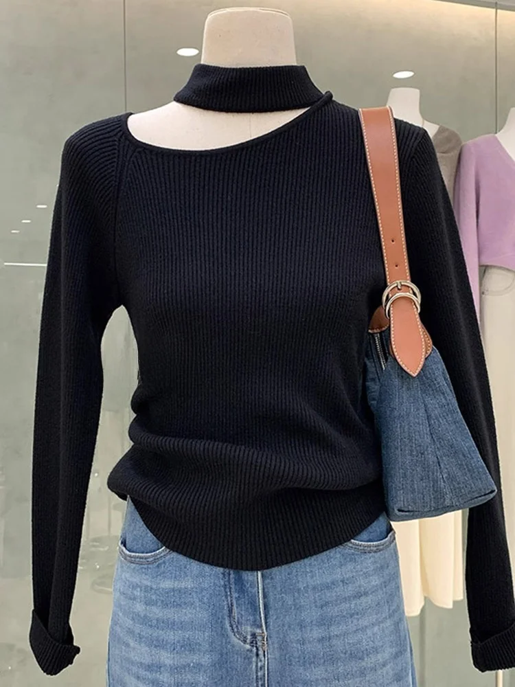 Suéter de Manga Longa Tricotado em Cor Sólida Confortável, Csa Base E e Simples, Estilo Preguiçoso, Top F da...