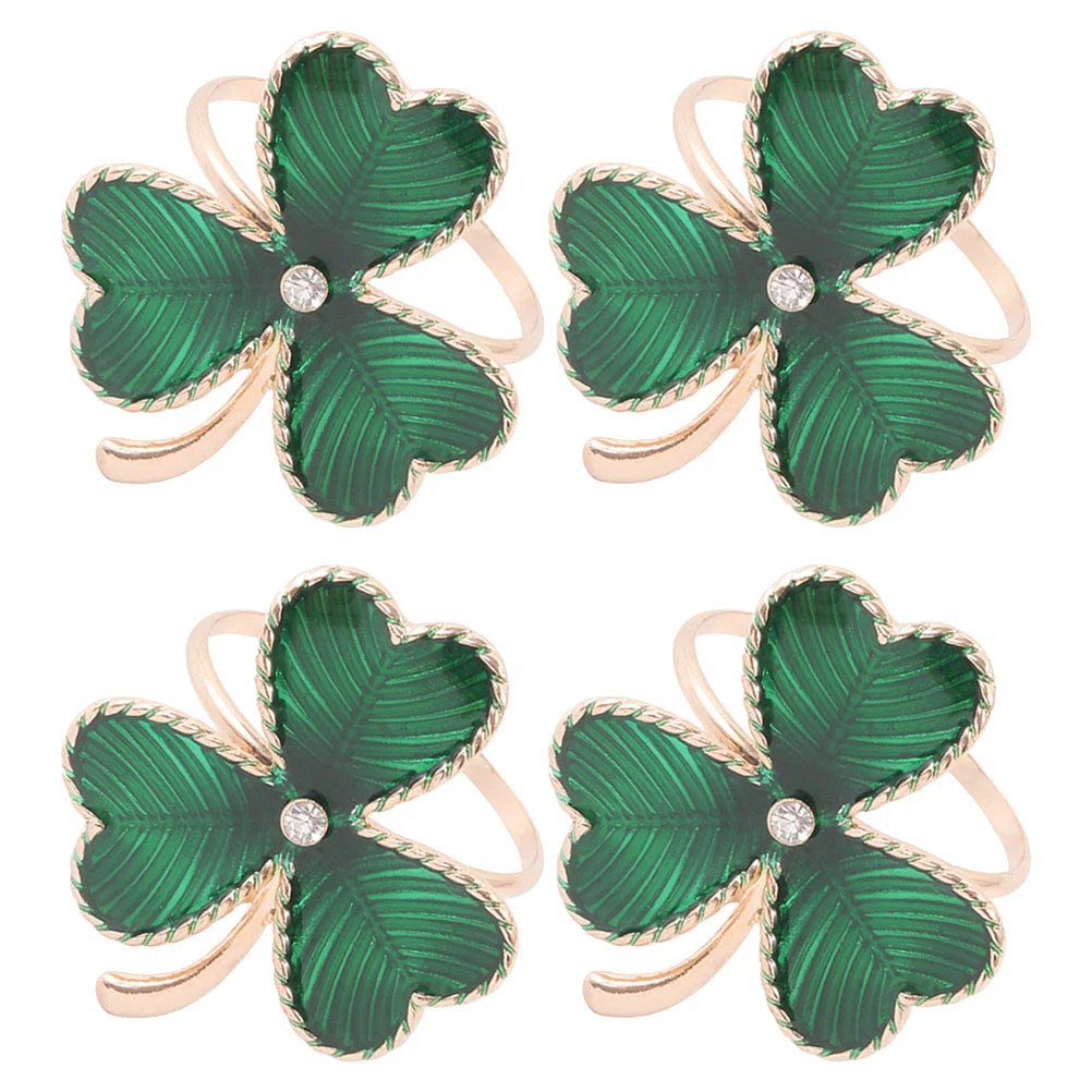 

4 Pcs Shamrock Napkin Rings Day Rhinestone Bulk Fall Leaf Holders Napkins St Patrick's Decors Plant