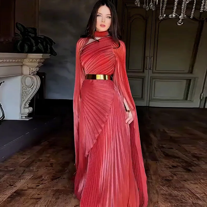 Ele Long Sve Long Dr mit oulder awl High Waist Belt Slit High Quali Women's Faion Summer Dr