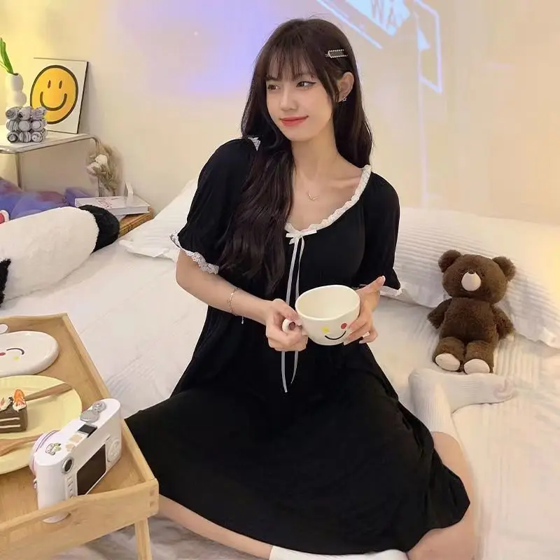 Plus Size 5XL 150KG Night Dress Summer Short Sleeve Nightgown Women V Neck Black Sleepwear Oversized Home Dress