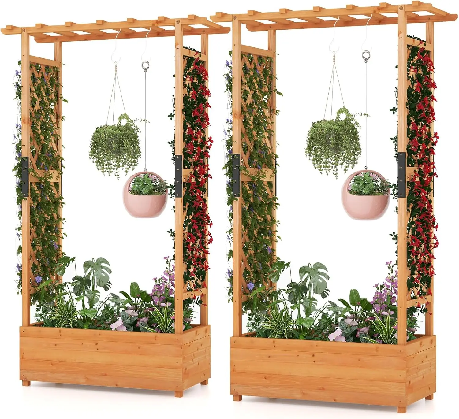 

72 Inch Raised Garden Bed with Arch Trellis, Hanging Roof & Drainage Holes, 2 Pieces Vertical Plant Container for Vine Climbing