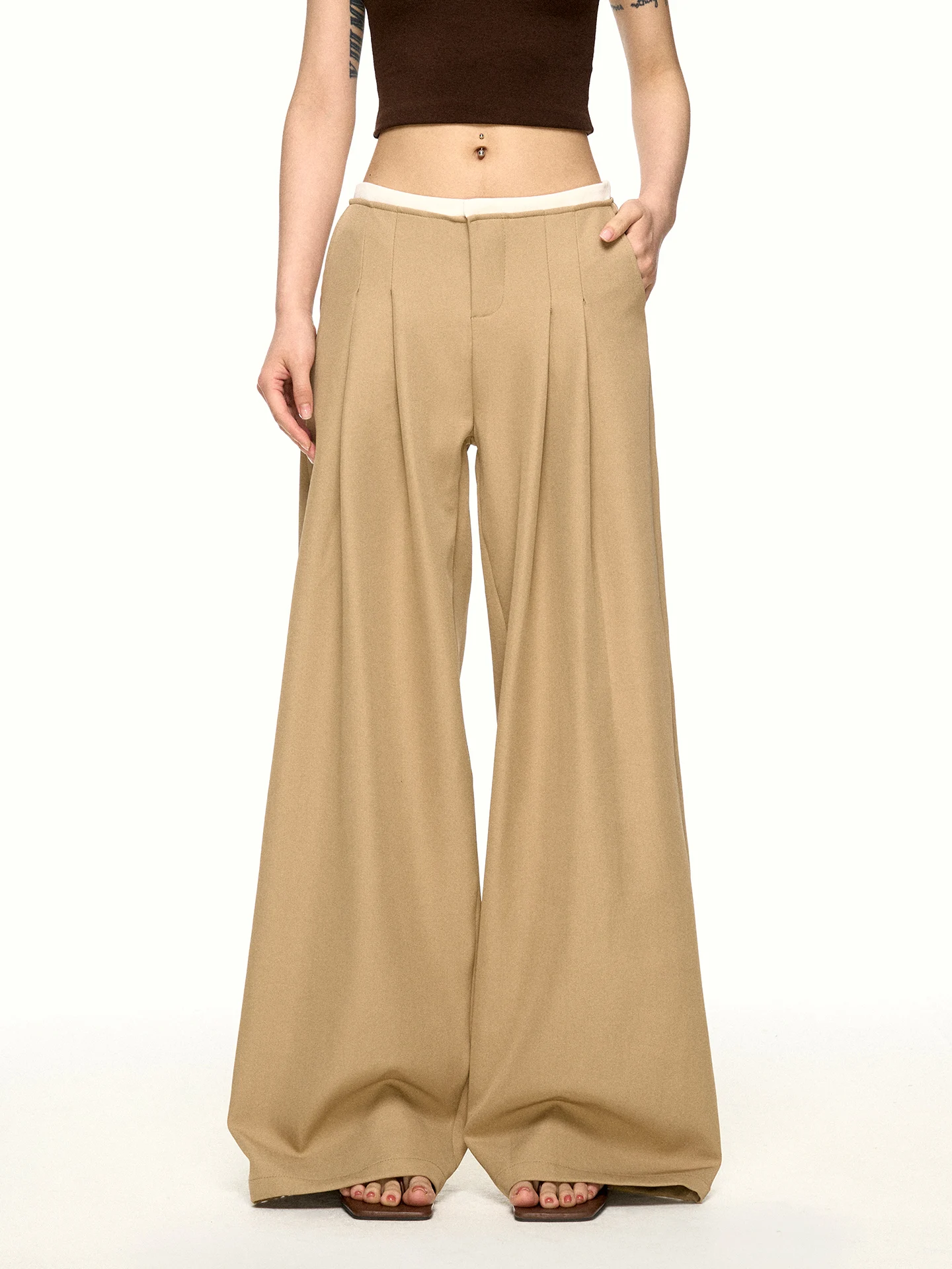 Khaki Wide Leg Pants Women's Summer Design Sense Pleated Versatile Slimming Casual Long Trousers Drapey Loose Fit Natural Waist