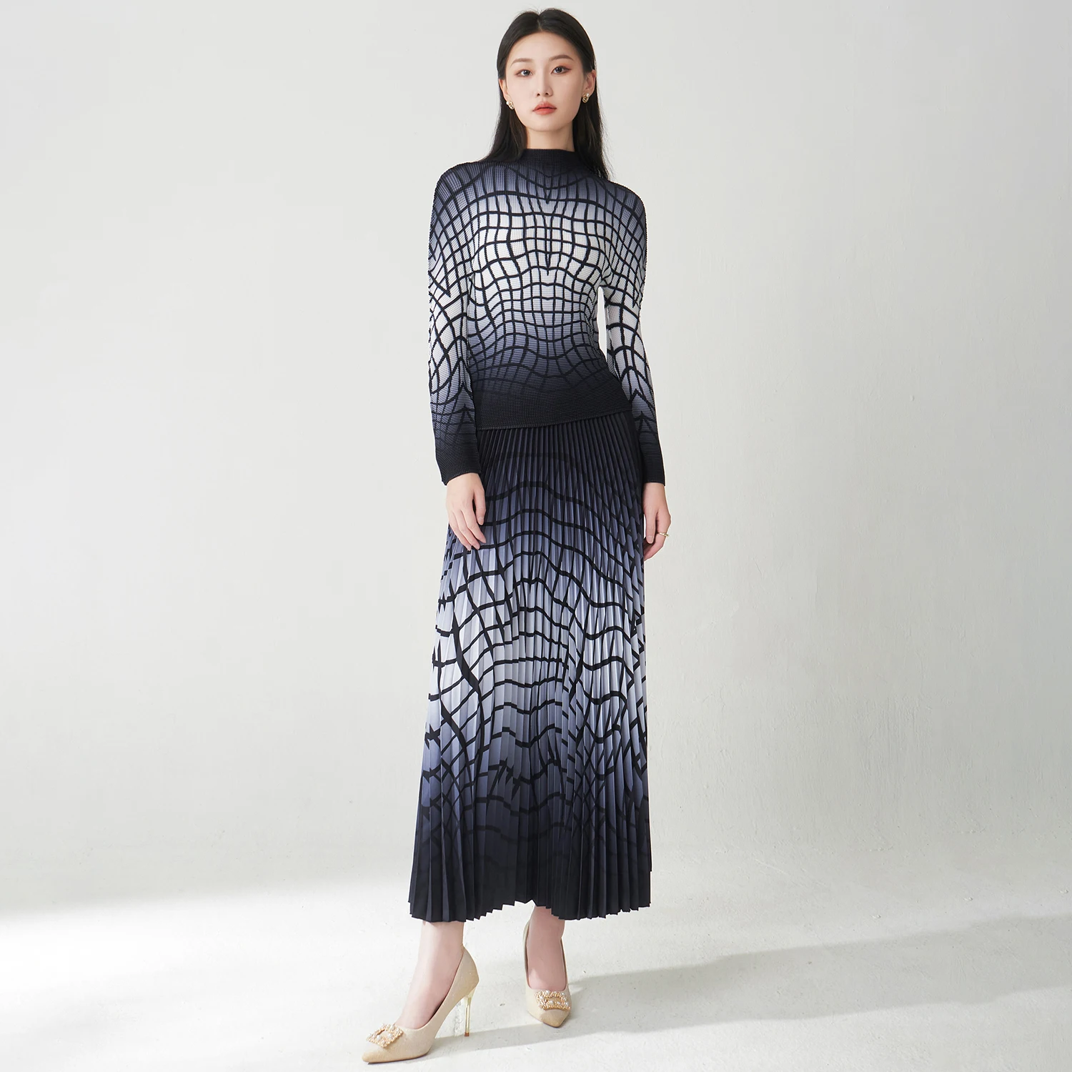 Pengiriman Cepat Set Miyake Lipit Desainer Atasan Lengan Panjang dan Rok Set Motif Kasual Set Elegan Wanita