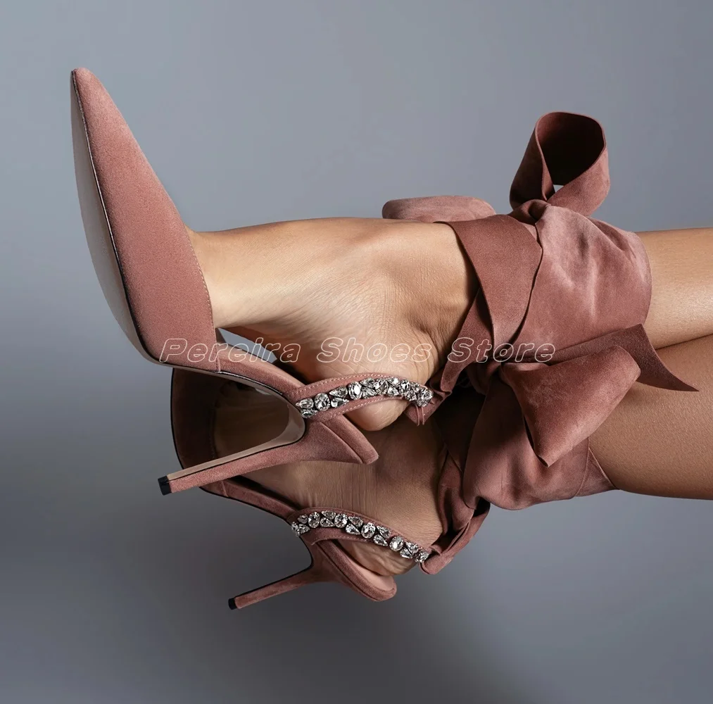 Suede Ballerina Slingback Butterfly-Knot Sandals Pointed Toe Cover Heel  White Crystal Design Ladies Dress Party Runway Shoes image 3
