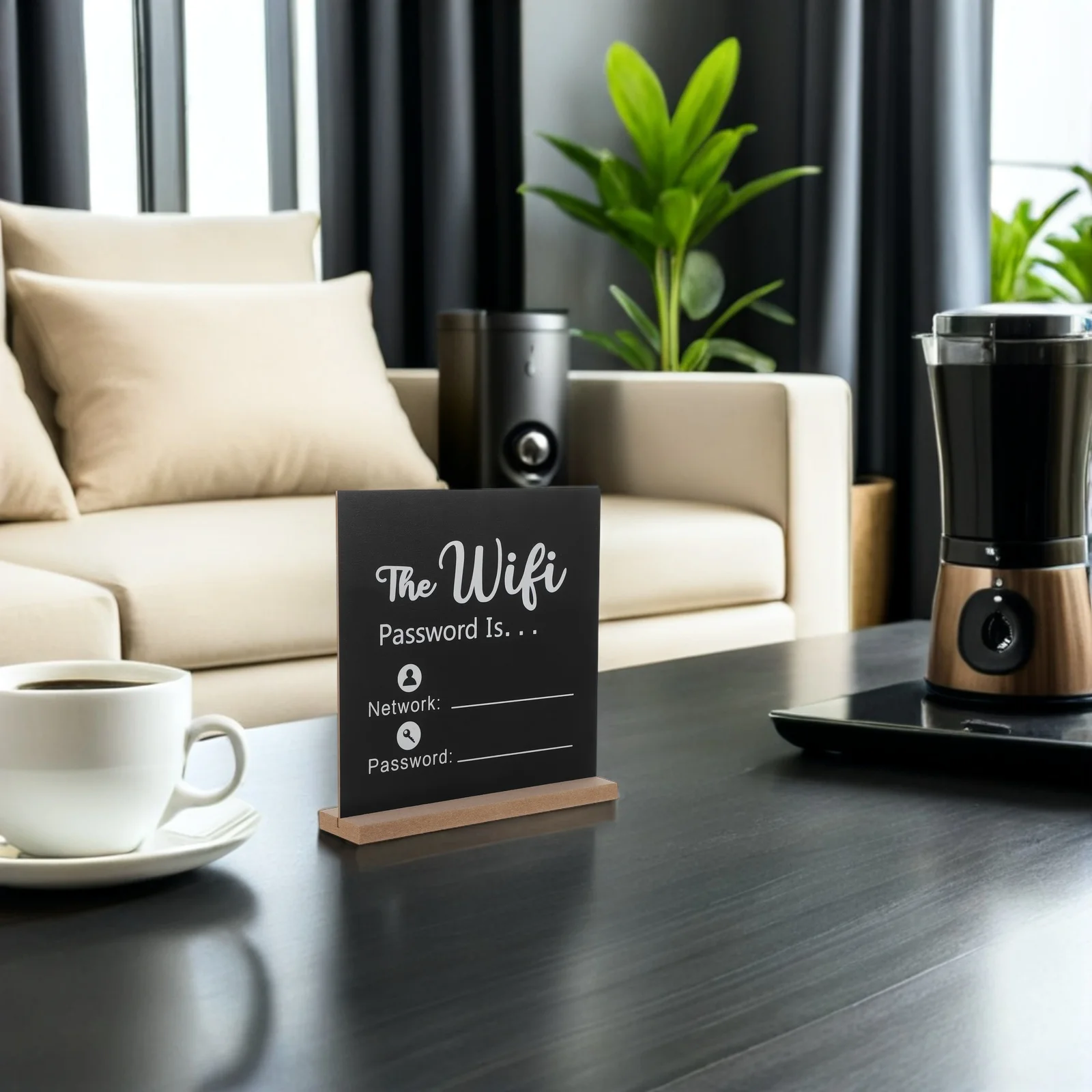 Desktop WiFi Sign Vertical Design - Elegant Black Wireless Network Password Display for Business Lobby Home Office Freestanding