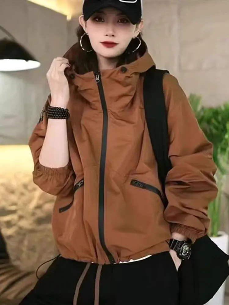 

Oversize Hooded Outdoor Workwear Jaet Women's Spring Autumn New Sle Commuter Loose Fit Long Sve Zipper Closure Coat