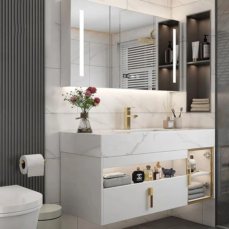 

Display Nordic Bathroom Cabinet with Slate Ceramics Sink Combination Solid Wood Intelligent Simple Gabinete Salon Furniture