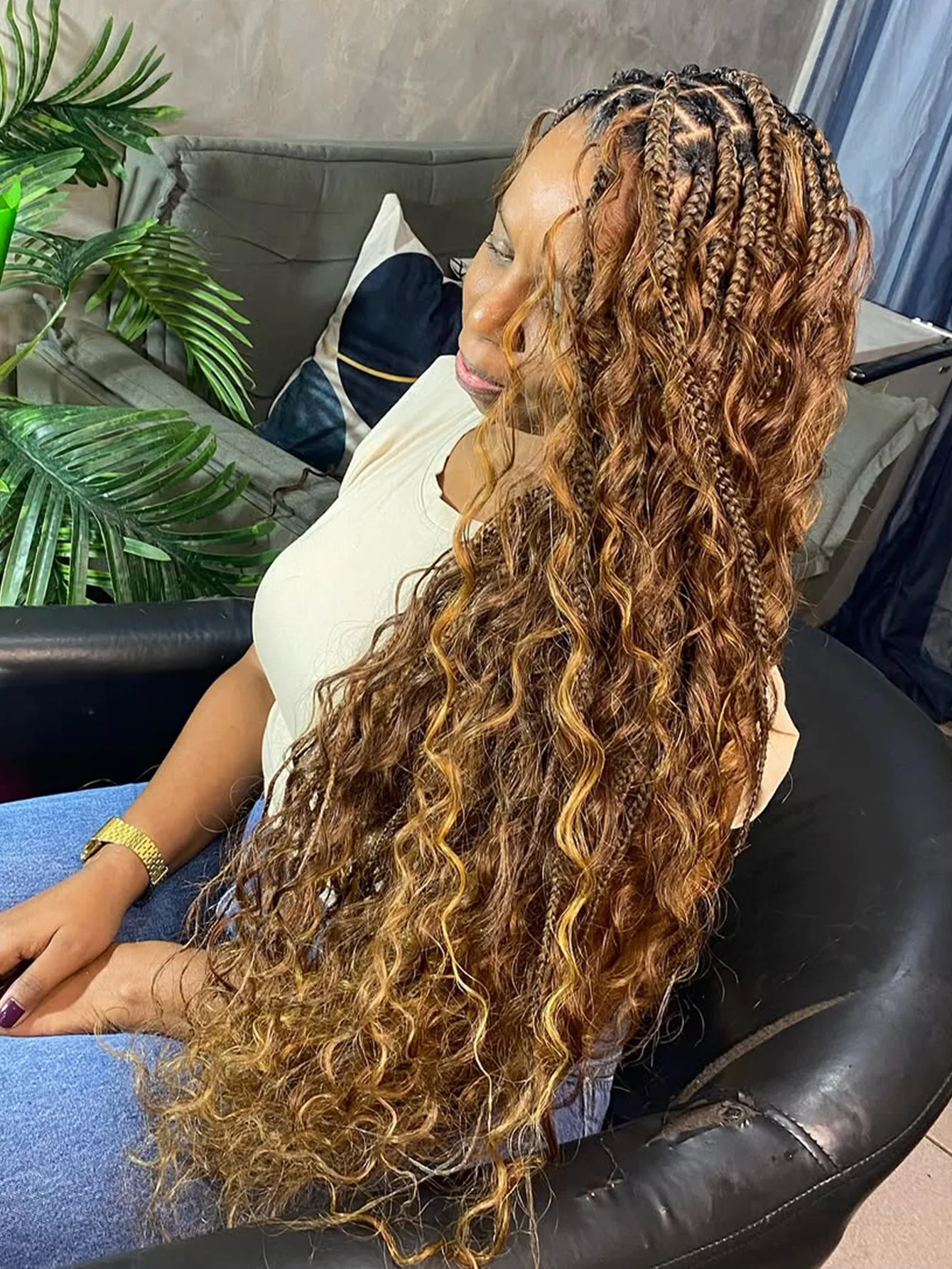 Synthetic Blonde Goddess Boho Box Braided Wigs For Women Braided Full Lace Wig With Curly Hair Ends Big Part Knotless Box Braids