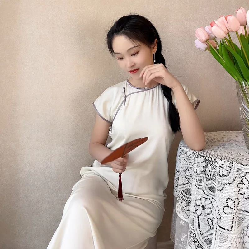 

Cool Fre Milk White круглый Ne Collar Qipao Свободный удобный повседневный винтажный низкий разрез ort Sve Ele Long Qipao