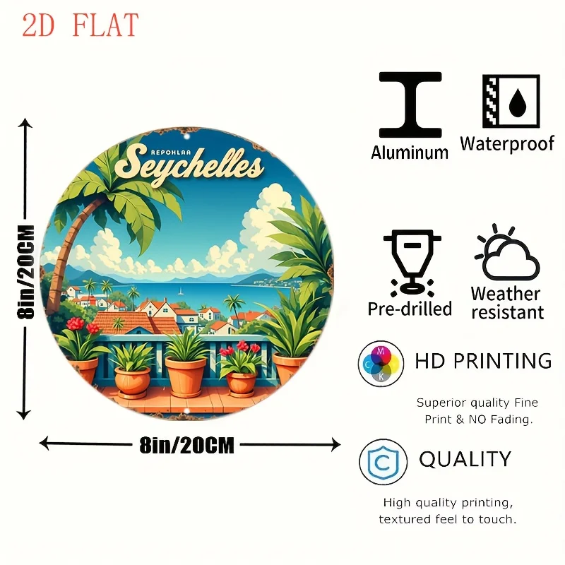 2D Flat, 2D Flat - Round Aluminum Wall Plaque, 8-inch Design, Depicting the Seychelles Coastline with Palm Trees and Flowers. Id