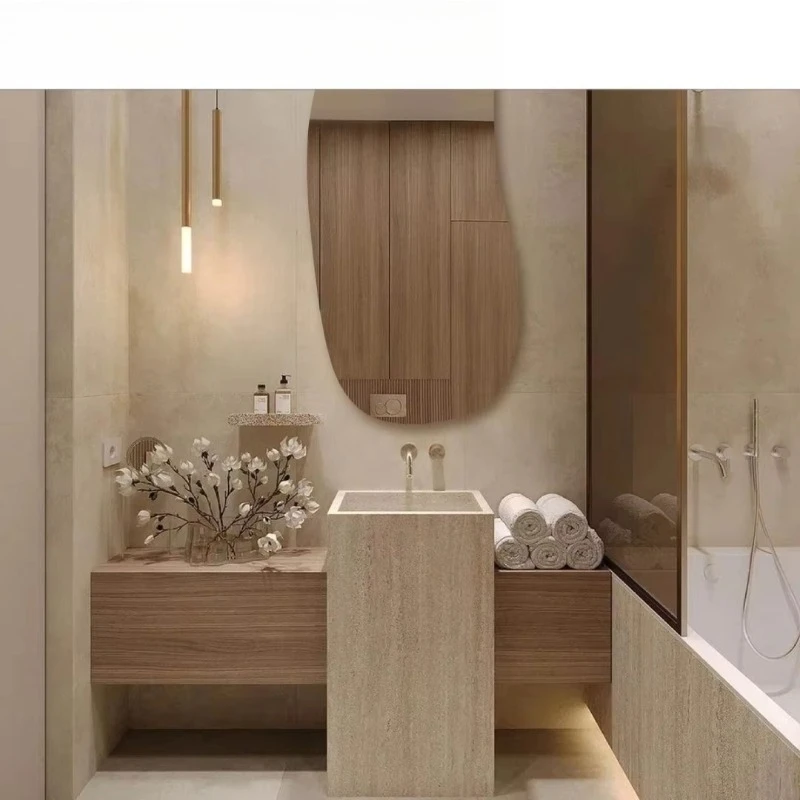 Customizable stone slab column sink with travertine-patterned ceramic bathroom washbasin for home use