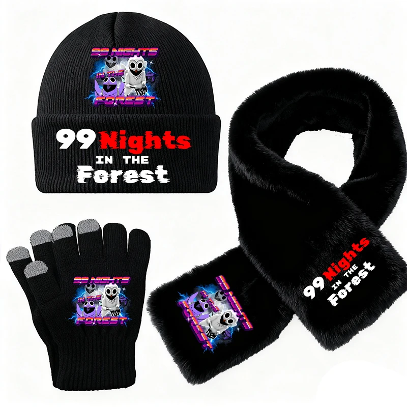 3 SZT. Gra 99 Noców w Lesie Czapki Dzianinowe Szaliki Rękawiczki Zimowe Ciepłe Odporne na Zimno Czapki typu Beanie z Wzorem Kreskówkowym Zestaw Prezent do Domu