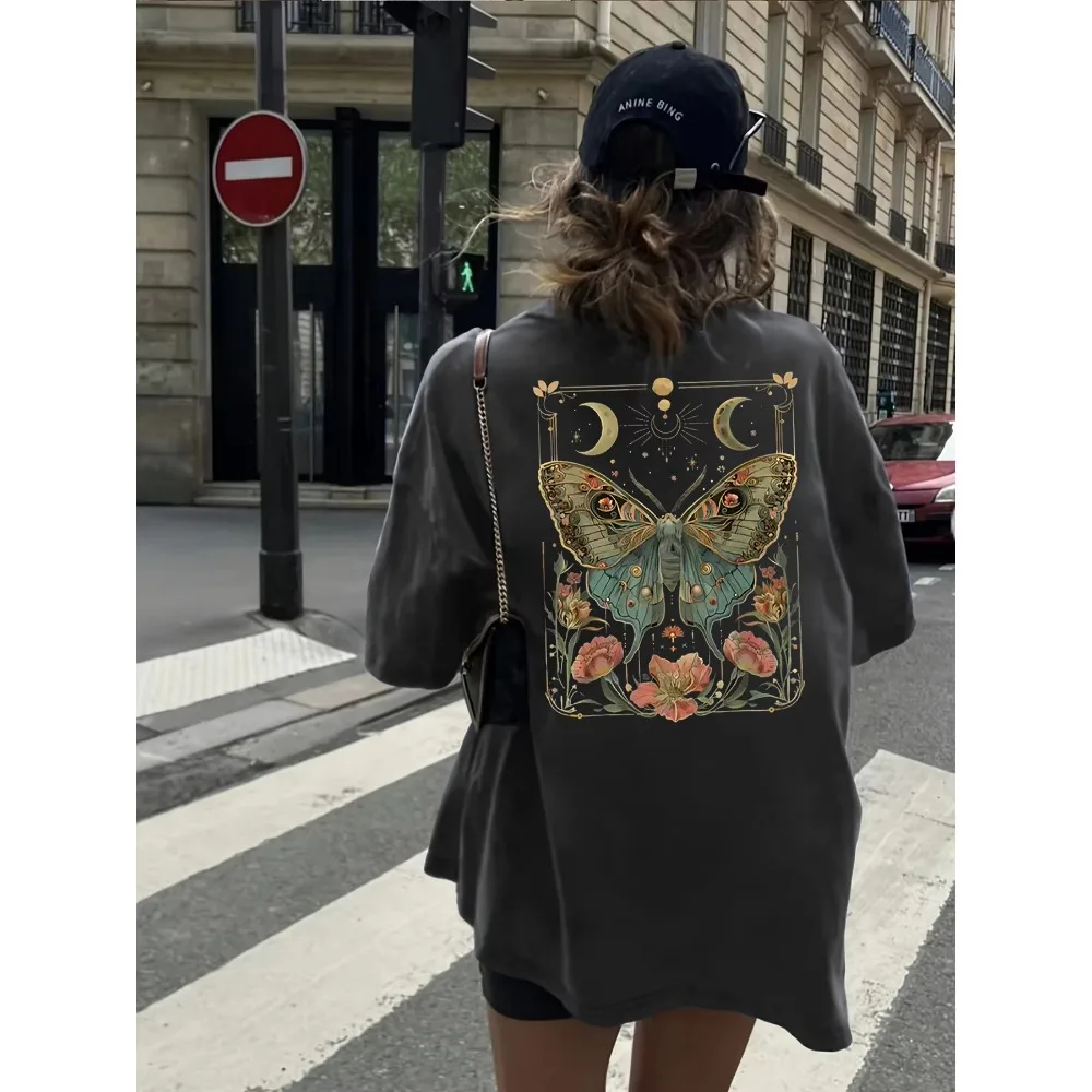 Women's Plus Size Butterfly Moon Flower Print T-shirt Breathable Cotton Casual Versatile Short Sleeve Ladies Graphic Tee