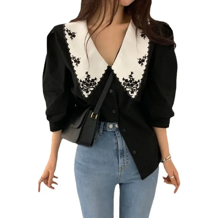 Chique 2025 início do outono vintage lapela bordado cor bloco camisa feminina solta ajuste puff manga topo blusas femininas
