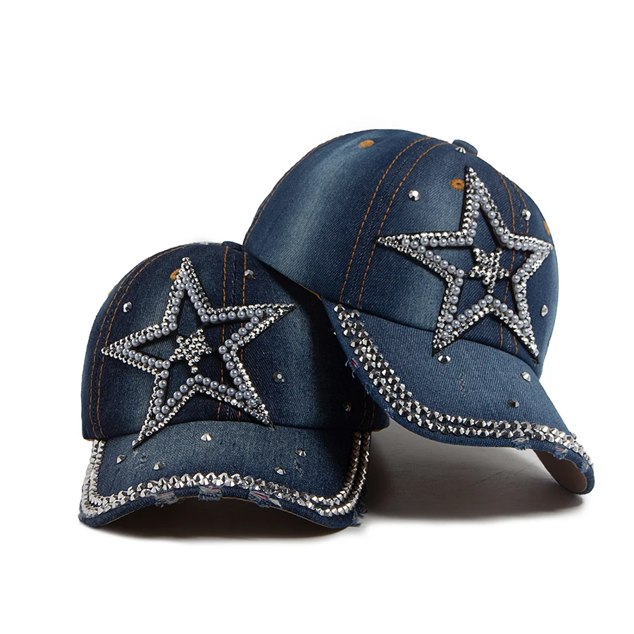 Y2K Hip hop Shiny Rhinestone Women's Baseball Cap Fashion Pentagram Denim Cloth Hat For Female Spring Autumn Vintage Snapback