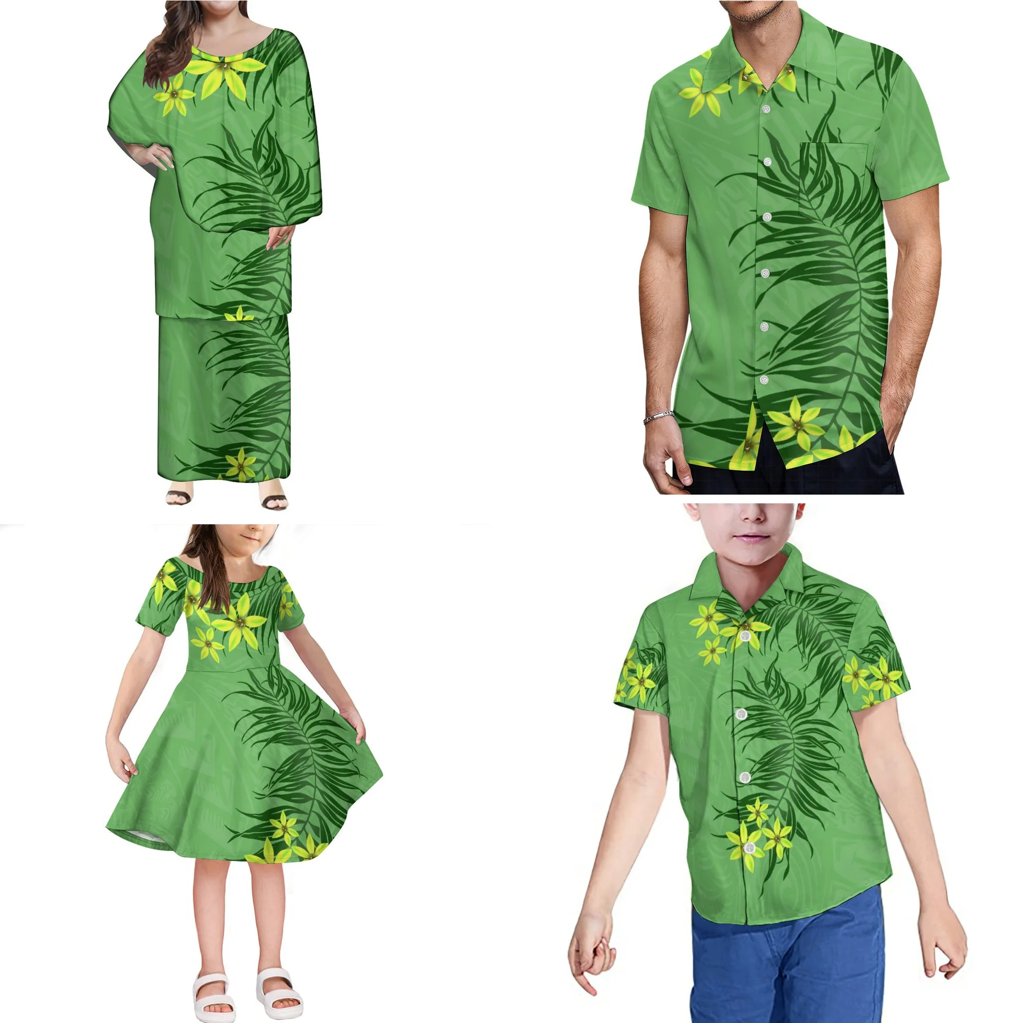 

2024 Samoa Tribal Polynesian Print 4Pcs Set Puletasi Dress Match Shirt Custom Family Set Clothes Couple Summer Clothing