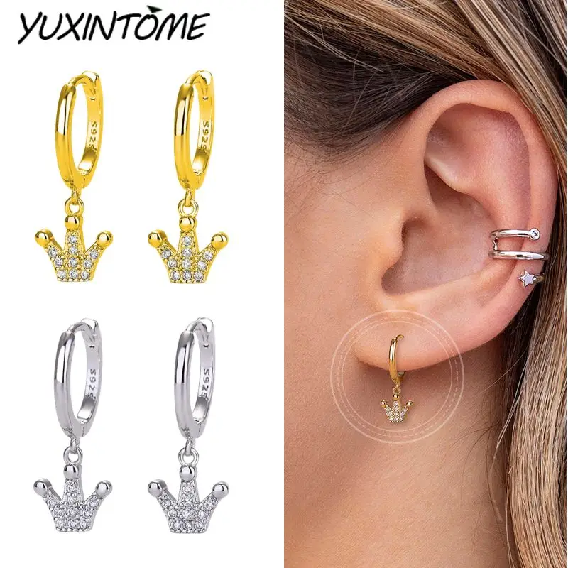 

925 Sterling Silver Needle Noble and Luxurious Crown Full of Zircon Earrings Pendant Women's Versatile Personality Ear Jewelry