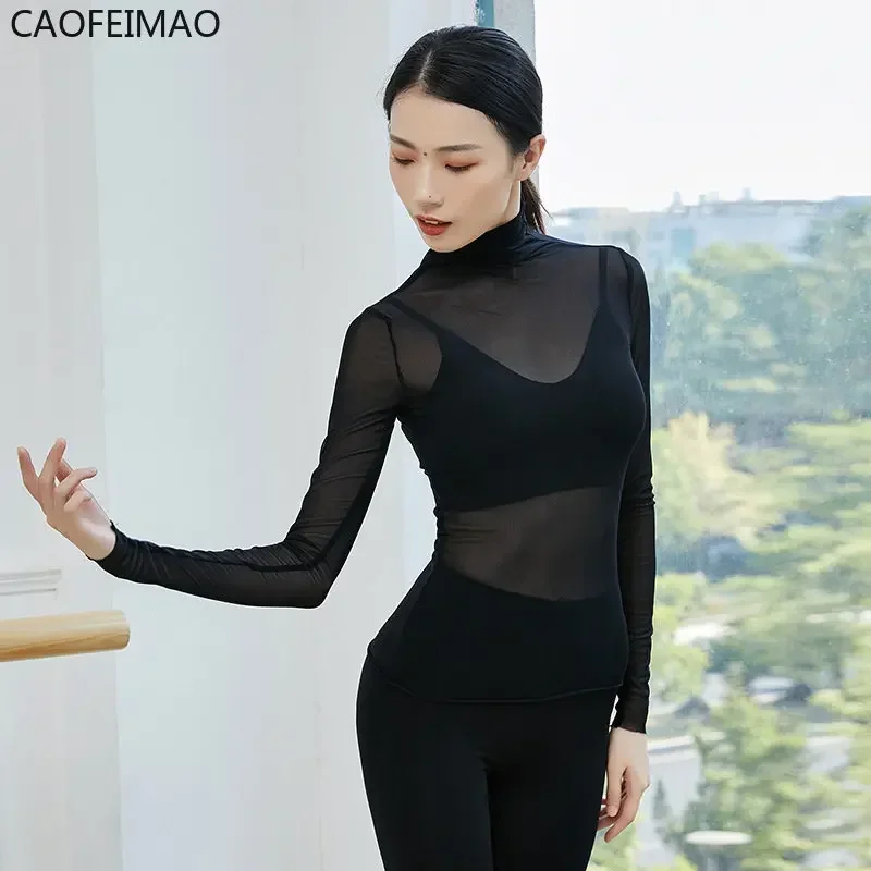 Caofeimao 2025 cuello alto verano primavera secado rápido gasa práctica de baile Top mangas largas transpirable blusa de baile Tops mujeres