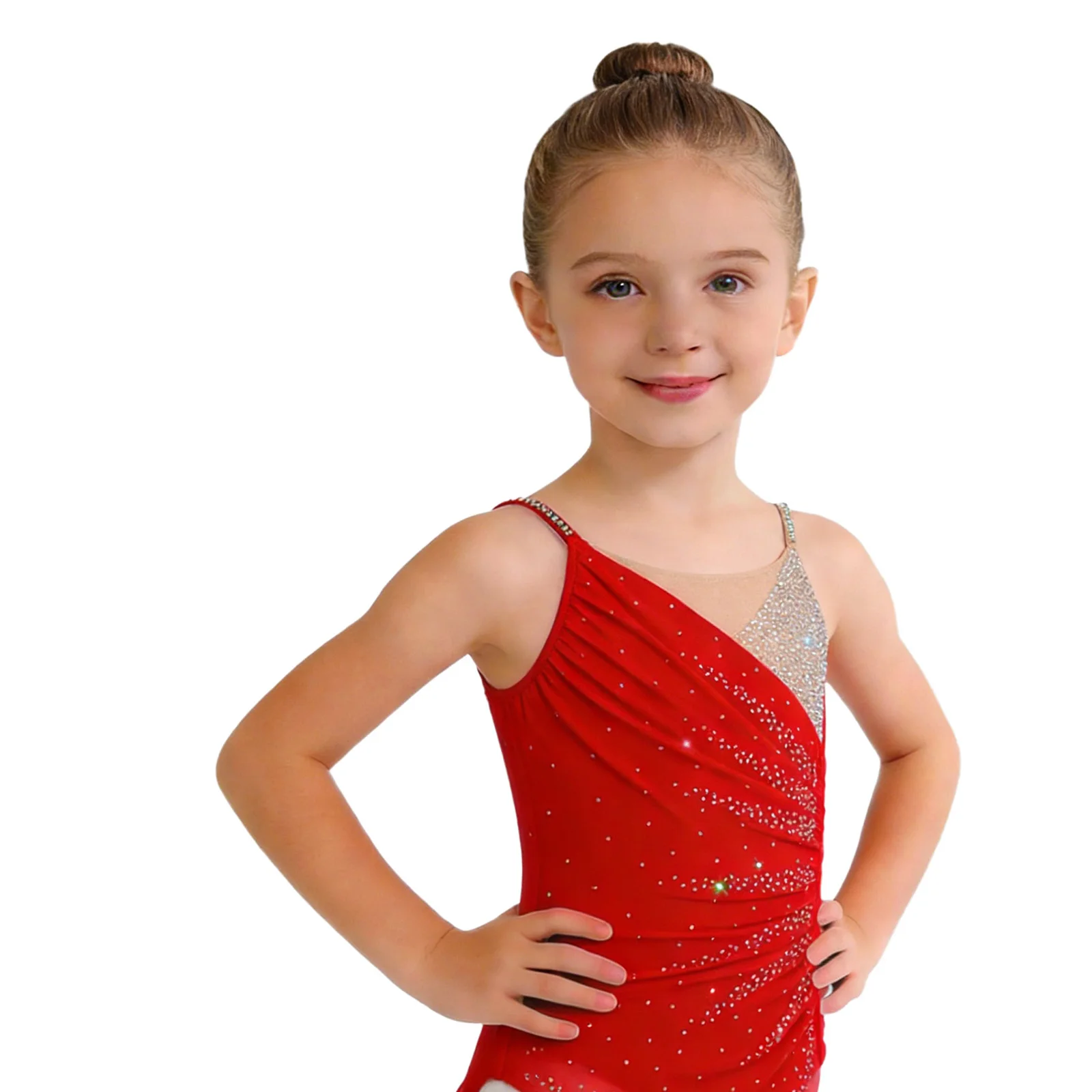 Childs Spaghetti Straps Ruched Figure Skating Jumpsuits Kids Girls Sleeveless Rhythmic Gymnastics Leotatd Ballet Dance Costume