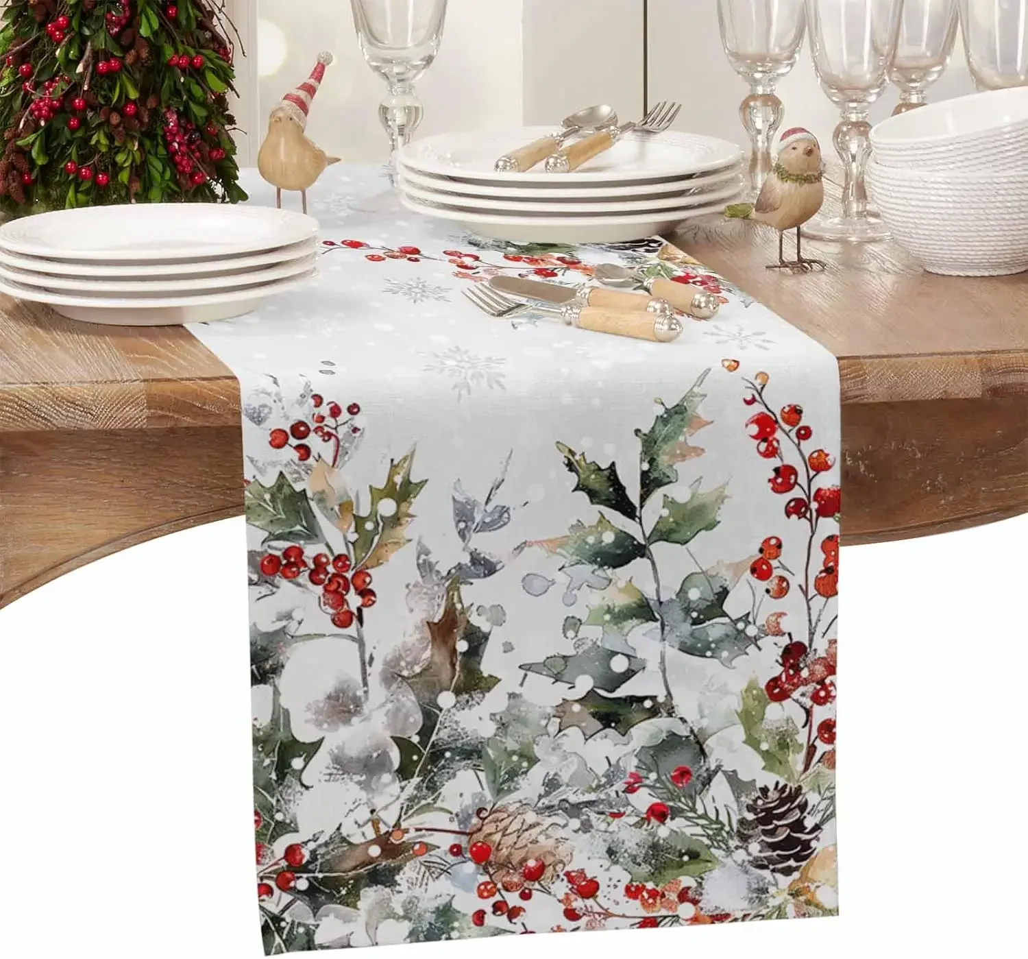 Christmas Holly Berry Pine Cone Linen Table Runner Party Decor Reusable Winter Xmas Tree Table Runners Christmas Decorations