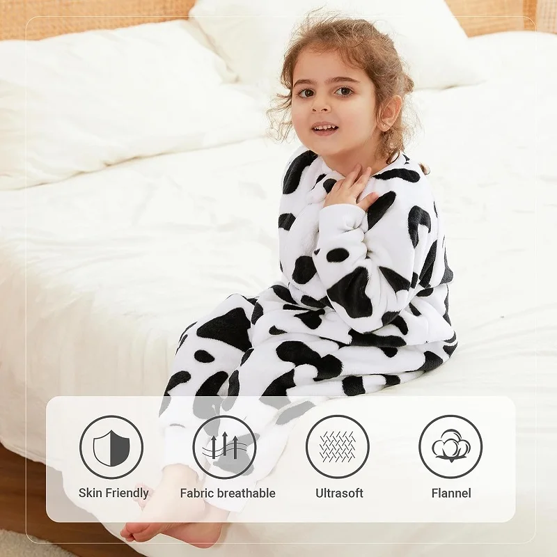 MICHLEY Cute Cow Flannel Baby Kids Sleeping Bag Winter Long Sleeve Wearable Blanket Warm Sleepsack Pajamas For Boys Girls 1-6T