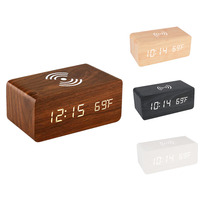 Wooden Digital Alarm Clock Phone Chargers LED Display Temperature Desk Table Clocks Wooden Desk Digital Clock Wireless Charger