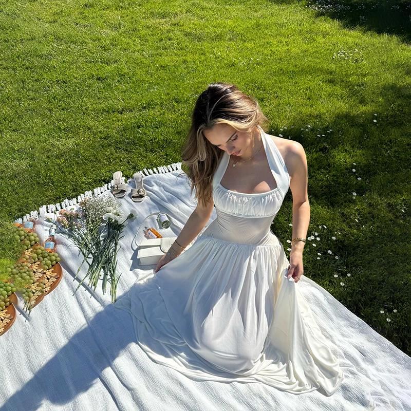 Sexy Fashionable High Waist Long Skirt Dress with Mesh Splice European And American Cross Border Hanging Neck Design