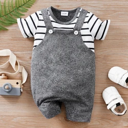 IURNXB Baby Romper Summer Newborn Stripe Short Sleeve Onesie with Suspender Adorable Comfortable Outfit Infant Bodysuit 0-18M