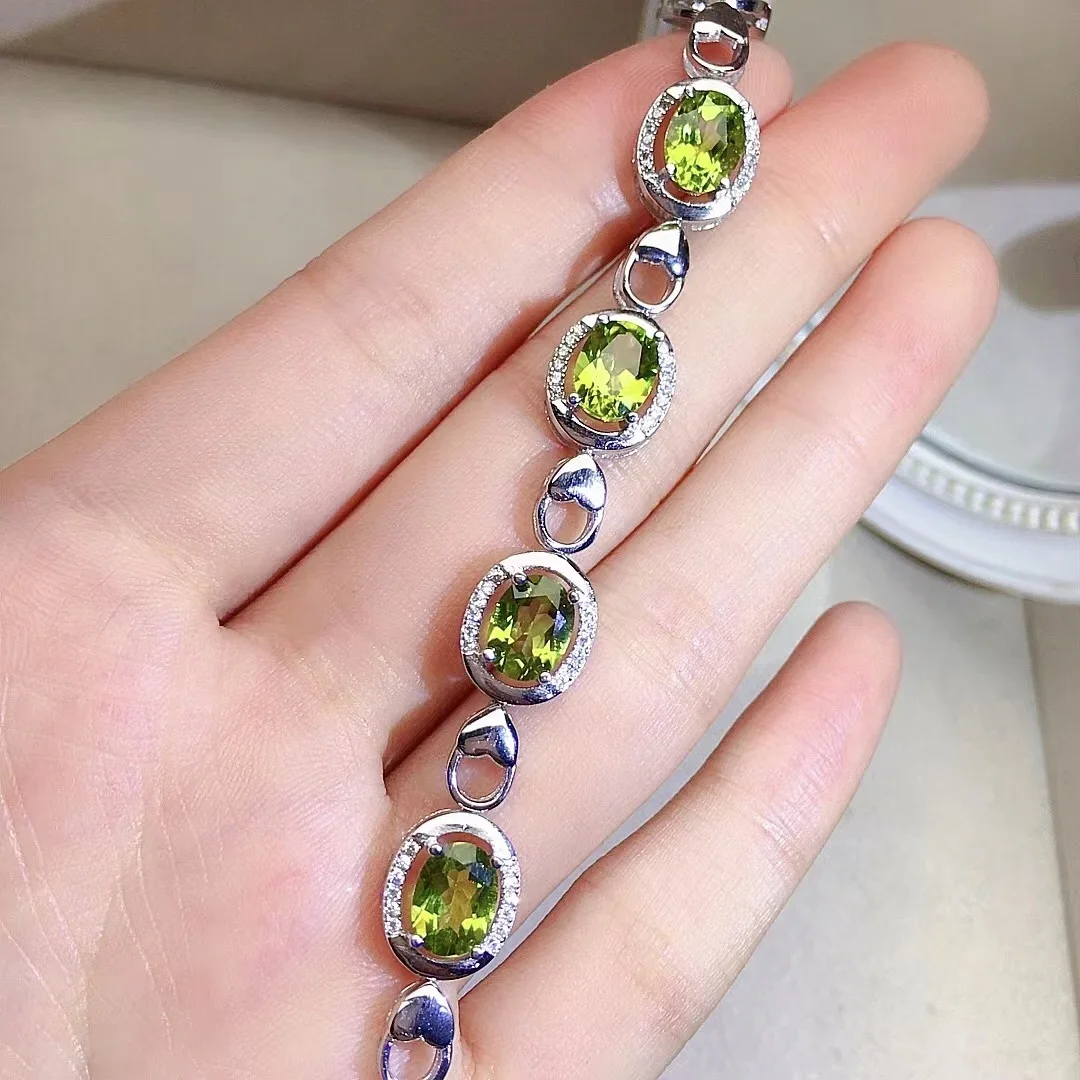 Total 6ct Natural Peridot Bracelet 6mm*8mm VVS Grade Peridot 925 Silver Bracelet with 3 Layers Gold Plating Gift for Woman