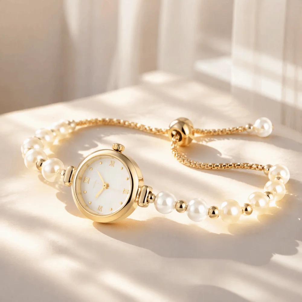 Round Dial Pearl Bracelet Watch Adjustable Drawstring Chain Minimalist Women Quartz Watch Roman Numeral Delicate