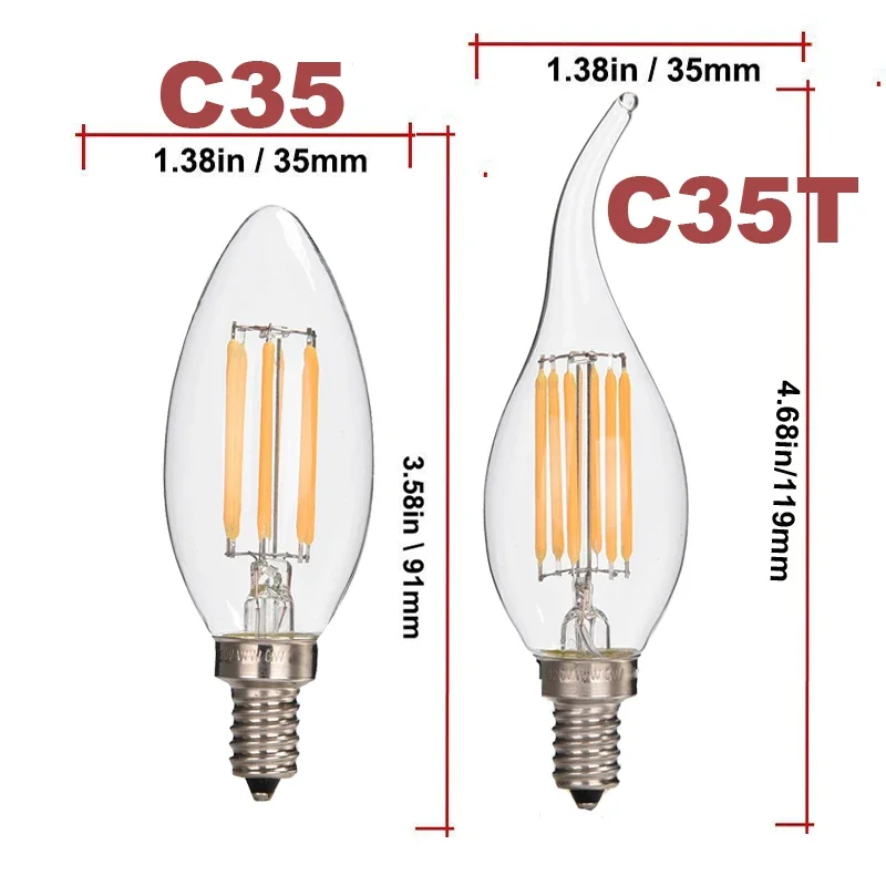 2PCS Dimmable LED Filament Candle Bulb E14 E12 E27 COB Lamp Super Bright Warm White 2700K Edison Light Bulb