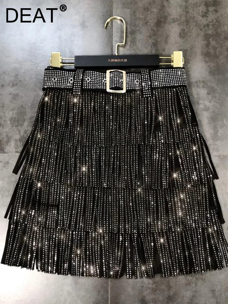 DEAT Women Black Rhinestones Tassel Belt Skirt New Arrivals High Waist Fashion Temperament Spring Summer 2024 11D7224