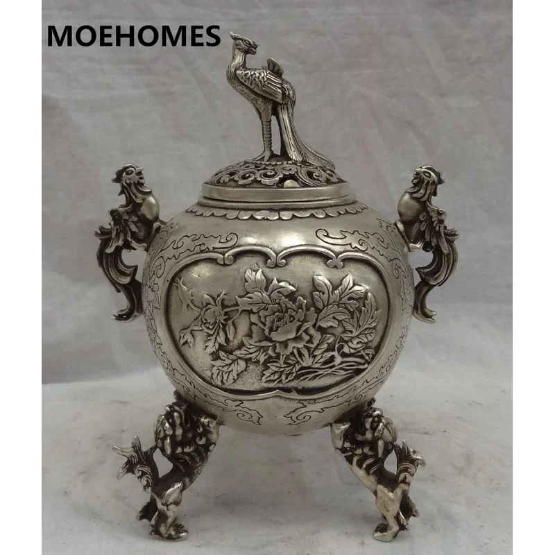 MOEHOMES Tibet Silver Bird Fly Peaco Head Statue Phoenix Lion family decorations metal handicraft Incense Burner Censer