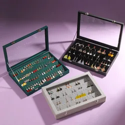 Velvet Clear Lid Earring Box Organizer Storage 32 Pairs Earrings Stud Tray Showcase Display Case