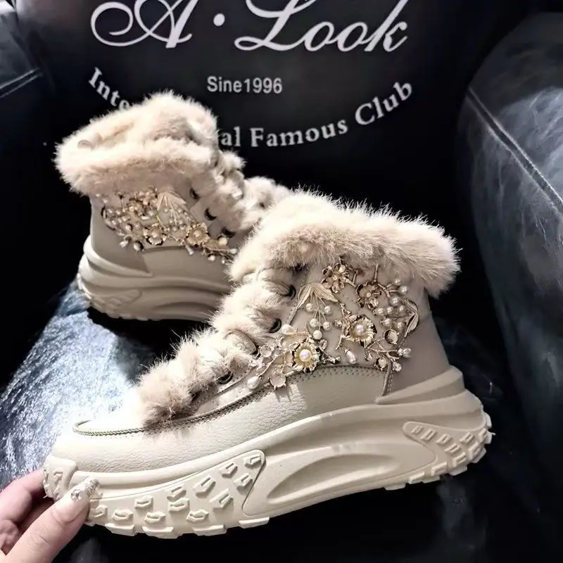 

Изысканные женские хлопковые туфли на толстой подошве с жемчугом и блестками, утепленные ботильоны большого размера на шнуровке 35-40