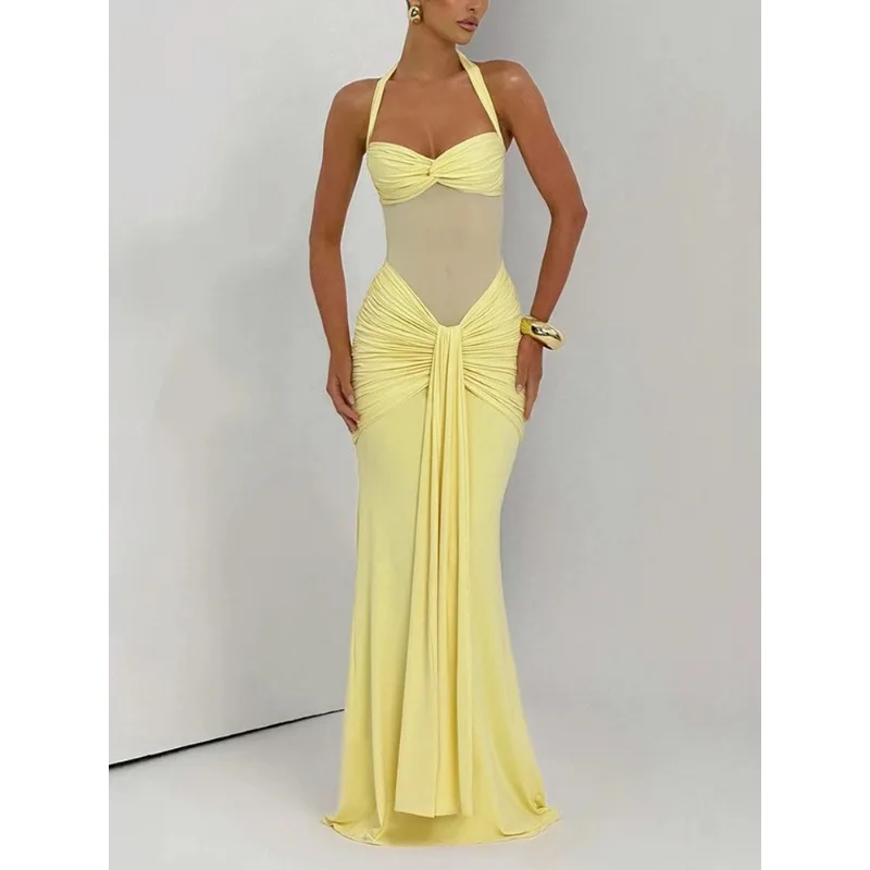 

Yellow Evening Dresses Women Sexy Halter Bandage Ruched Mesh Patchwork Long Maxi Gown Female Backless Party Prom Dress