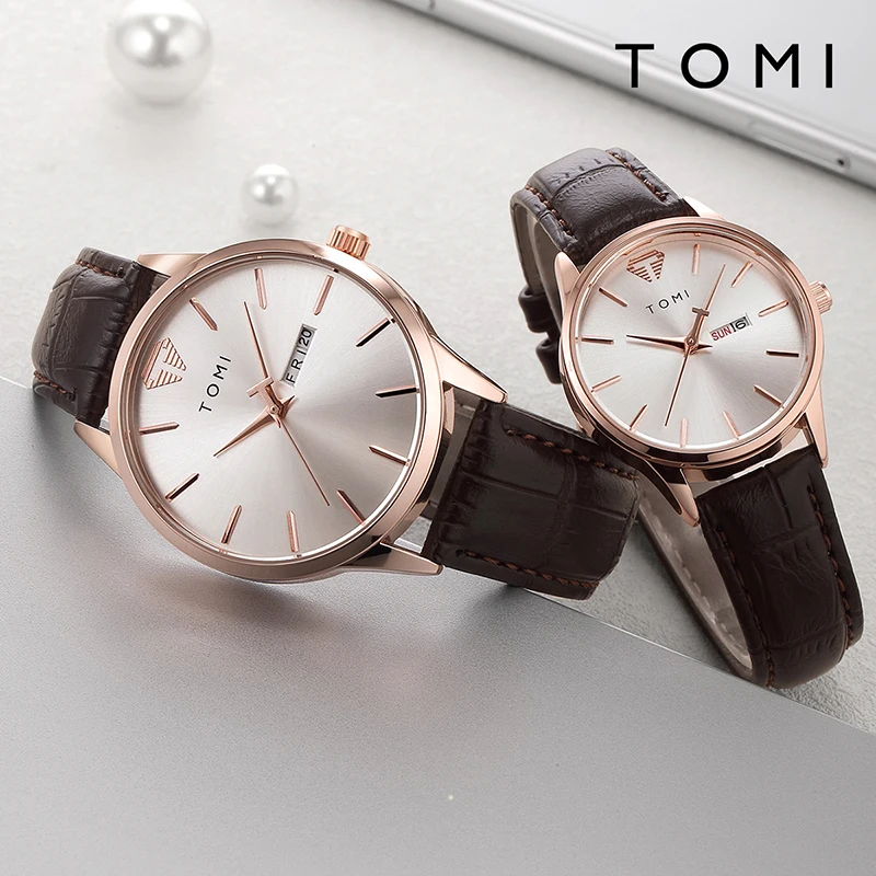 TOMI Two-Piece Casual Minimalist Men\'s And Women\'s Couple Watch Luxury Circular Large Dial Calendar Quartz Watch Clock Gift