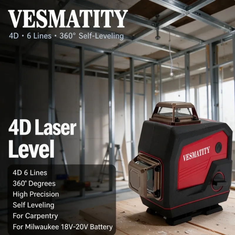 VES 4D Laser Level 6 Lines 360 Degree High Precision Self Leveling Tool for Carpentry Compatible For Milwaukee 18V 20V Battery