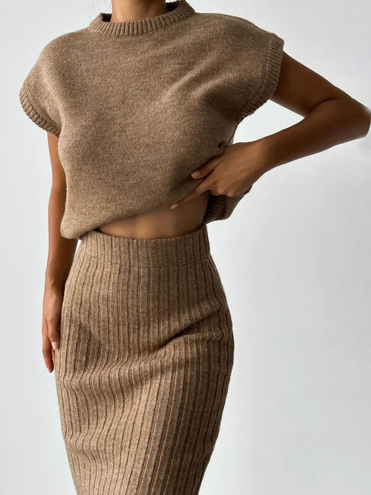 Tossy Knit Sweater 2 Piece-Set Women Loose Ribbed Sleeveless Pullover And High Waist Long Skirt Outfits Knitwear Women's Sets