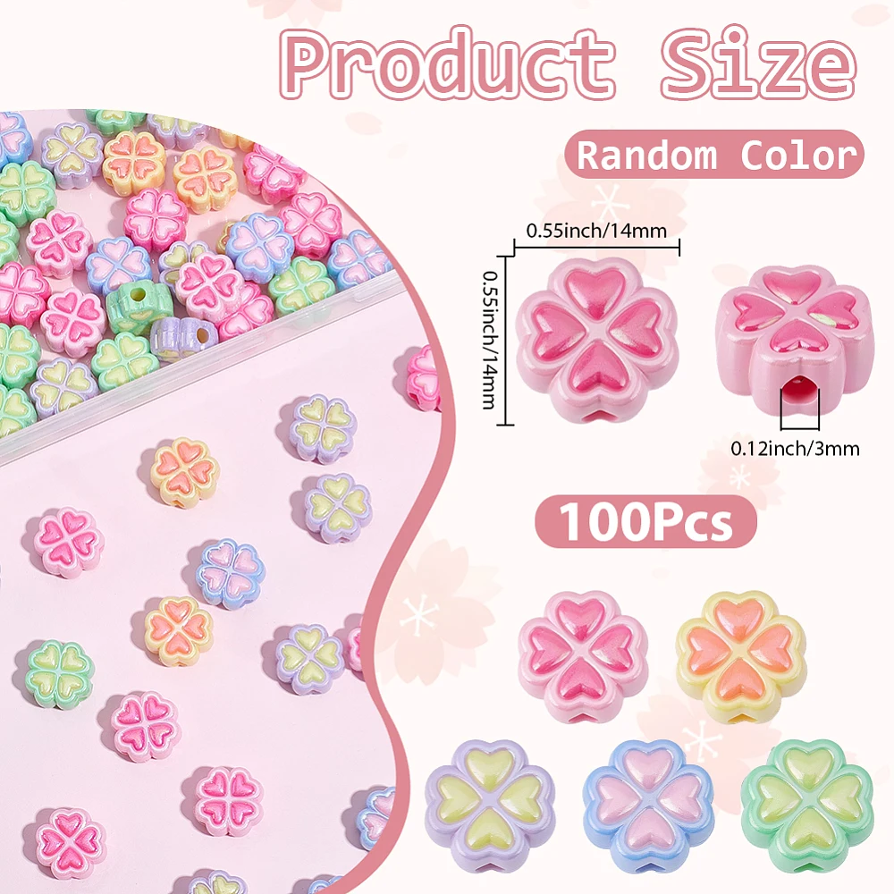 100Pcs 4 Leaf Clover Bead Good Luck Beads Bulk Random Mixed AB Colorful Resin Clovers Shaped Saint Patricks Shamrock Spacers