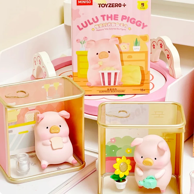 Miniso caixa cega enlatada porco lulu série agradável tempo modelo decoração de mesa ornamento brinquedo das crianças presente aniversário