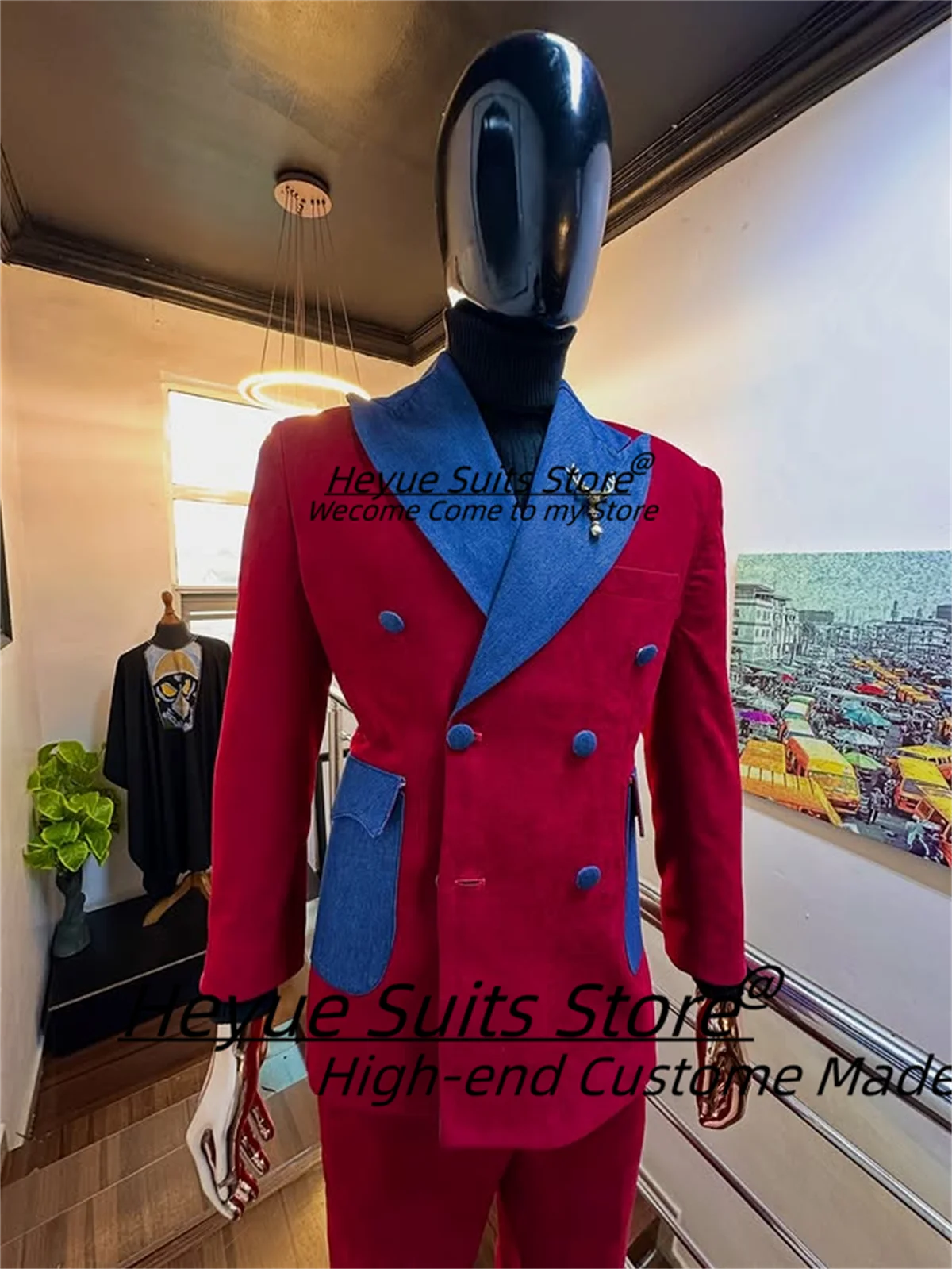 

High-end Red Wedding Suits For Men Customized Slim Double Breasted Groom Tuxedos Male Prom Blazers 2 Pcs Sets trajes para hombre