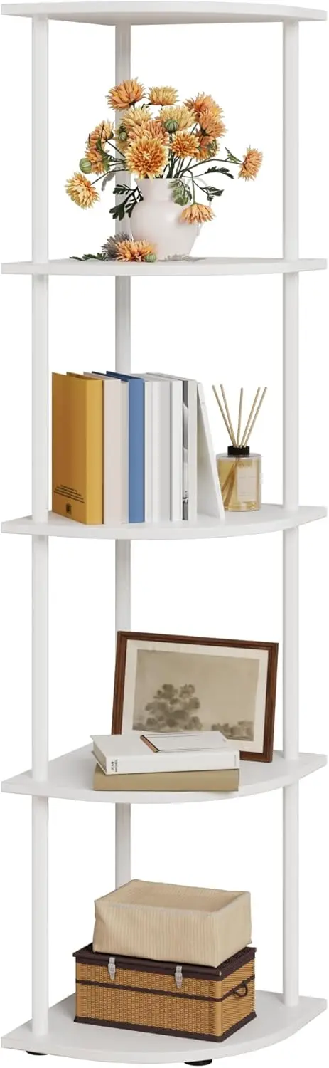 

5-Tier Corner Bookshelf with Wall Anchors & Non-Slip Feet, Rustproof Metal Frame for Bedroom, Living Room, Home Office, White