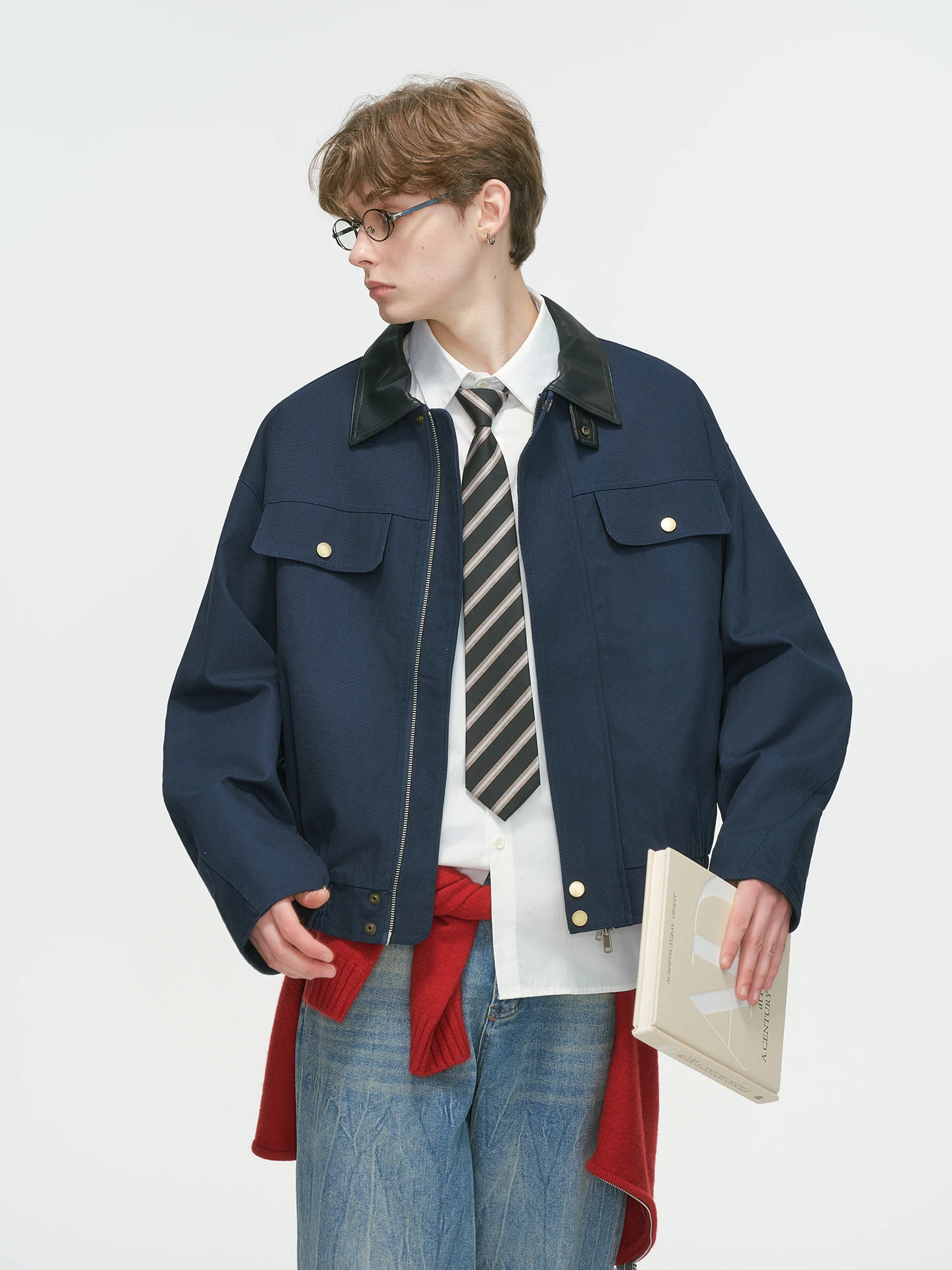 American Barn Style Detroit Workwear Jacket Men's Spring Autumn Short Leather Collar Jacket Loose Fit Multi Pocket Cotton