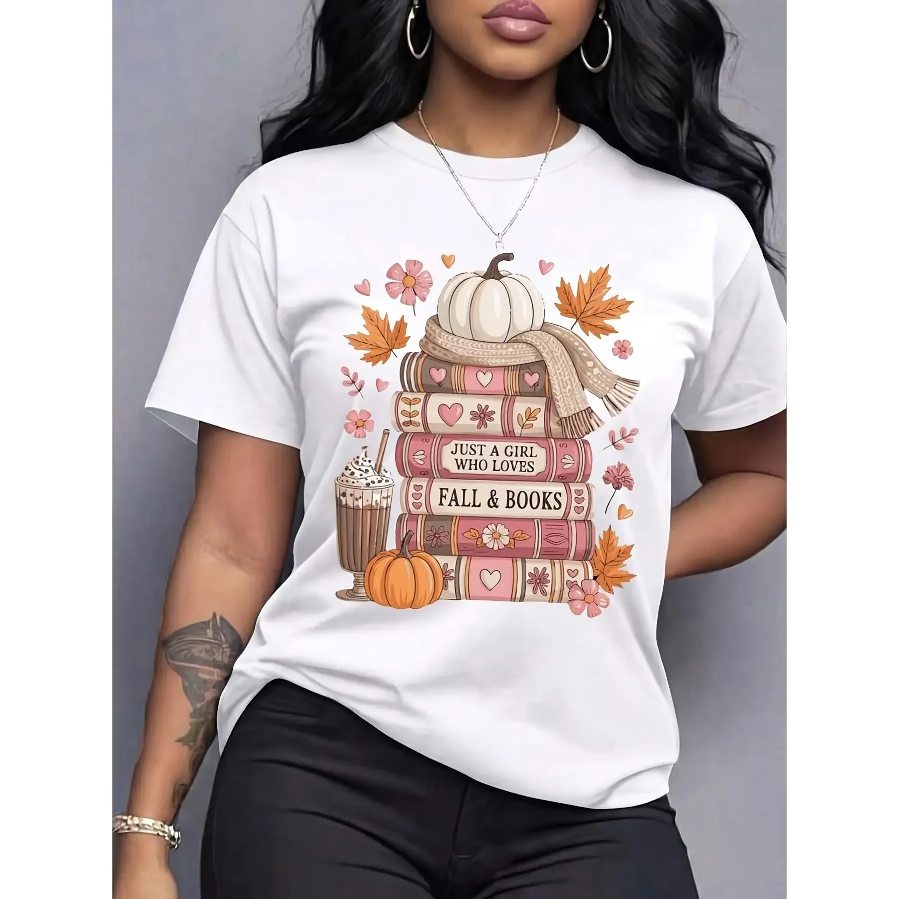 Women's Cotton Oversized Casual Short-Sleeve Graphic T-Shirt - Essential Round Neck, Autumn Style, Pumpkin Stack & Book Print, Breathable Fabric, Shrink-Resistant, Machine Washable (Dry Flat/Hang Dry) for Book Lovers, Gym-Friendly, Heat Under 113°F,sohoch