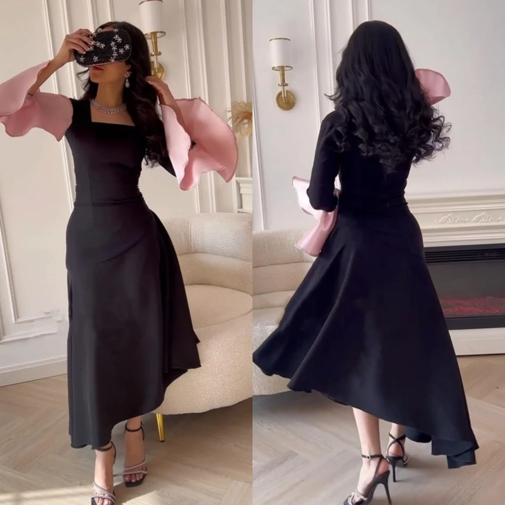 

Customized Jersey Draped Ruffles A-line Square Collar Bespoke Occasion Gown Long Sleeve Dresses