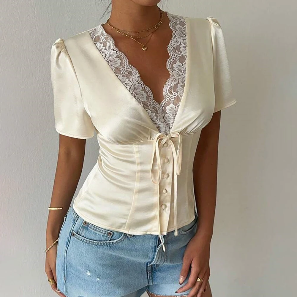 

Tuularose Elegant Lace T-Shirt Female Sexy V-Neck Lace Patchwork Lace-up Short Top Summer Fashion Luxury Party Look Top Women